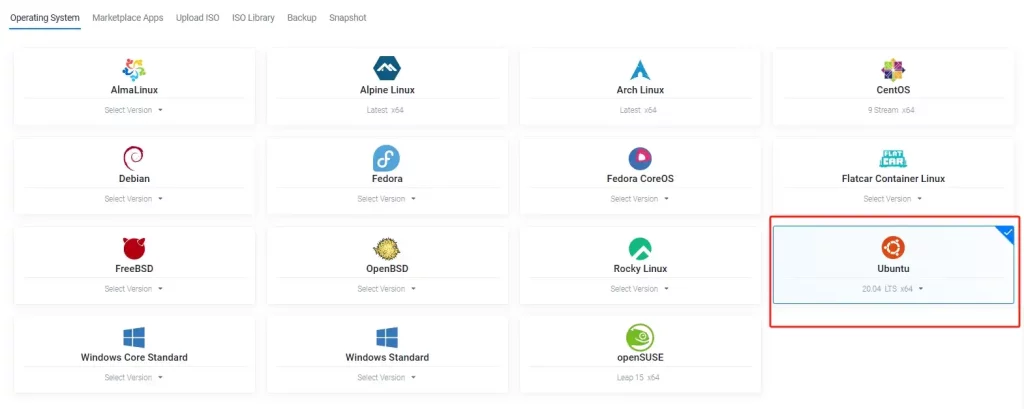 选择Vultr服务器系统，Ubuntu 20.04