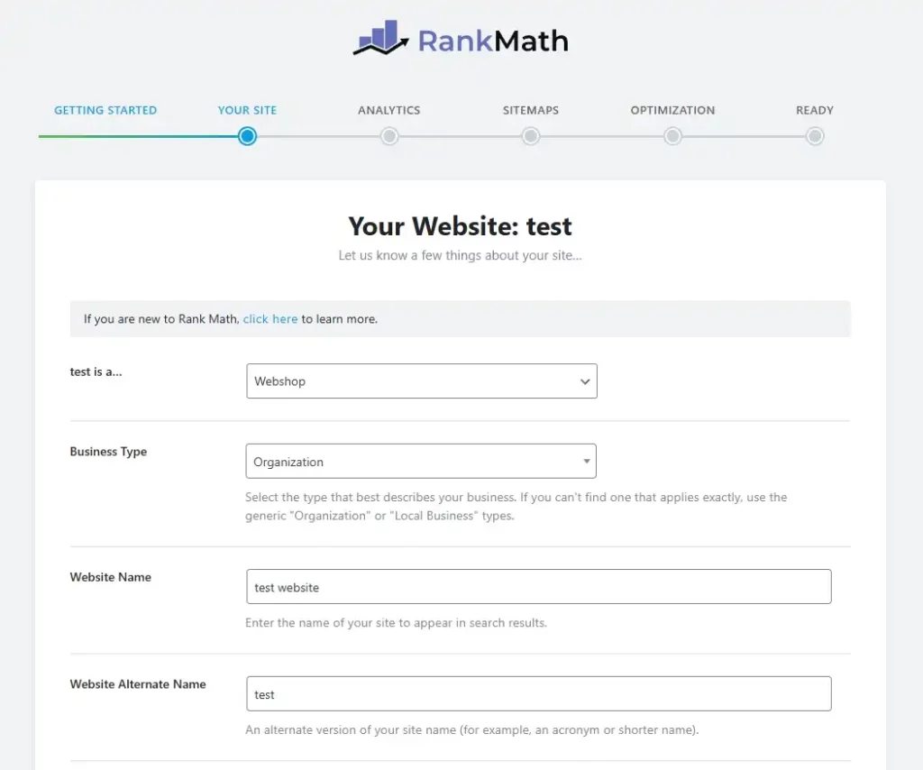 Rank Math Setup Wizard 设置向导 - 网站设置