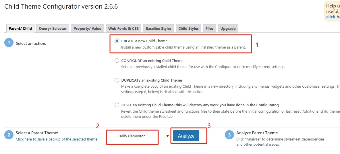 Child Theme Configurator插件设置