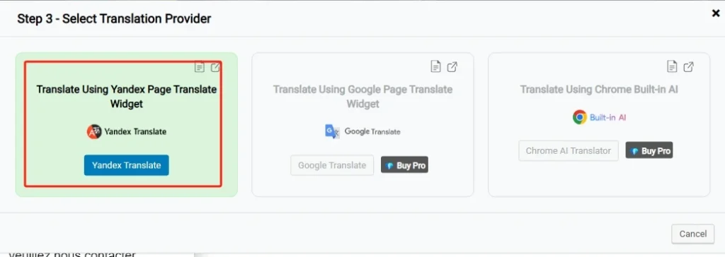 使用AI Translation for TranslatePress的Yandex免費翻譯