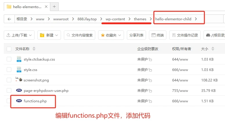 找到网站主题文件夹下的functions.php文件并编辑