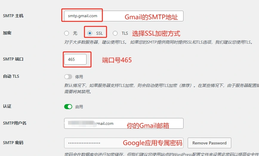 填写谷歌smtp主机地址、端口号、邮箱和密码